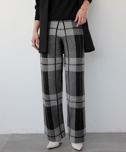セール】《新色追加》チェック ニットパンツ ワイドパンツ ロング