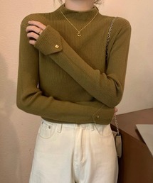 袖折り返しボタンリブニットプルオーバー