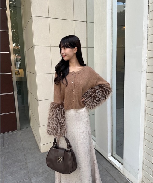 美品☆UN3D. スリーブファーニットカーディガン ガウン黒 STUDIOS UN3D.（アンスリード）の「【UN3D.】《STUDIOUS限定》復刻