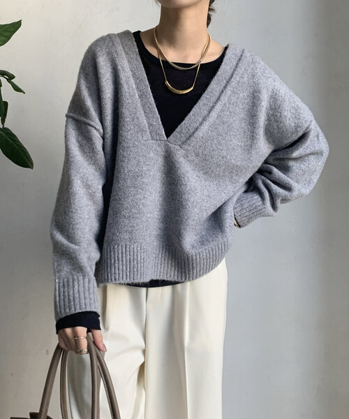 DouDou（ドゥドゥ）の「深Vニットプルオーバー（ニット/セーター・レディース・グレー/ブルー/ベージュ・FREE）」の9枚目の写真