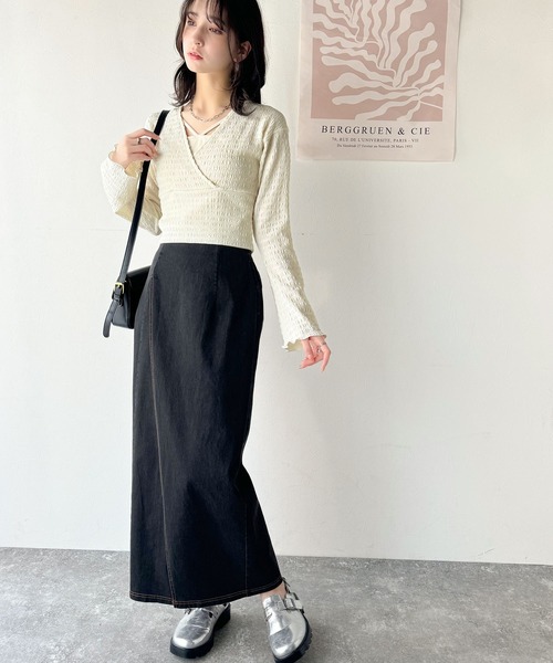 classicalelf(クラシカルエルフ)の「スタイルアップが叶う!リボンカシュクールジャガードカットソー(フレアスリーブ)(Tシャツ/カットソー・レディース・アイボリー/グレイッシュベージュ/ブラック・X-LARGE/SMALL/MEDIUM/LARGE)」の5枚目の写真