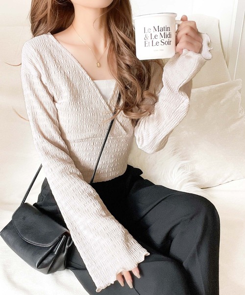 classicalelf(クラシカルエルフ)の「スタイルアップが叶う!リボンカシュクールジャガードカットソー(フレアスリーブ)(Tシャツ/カットソー・レディース・アイボリー/グレイッシュベージュ/ブラック・X-LARGE/SMALL/MEDIUM/LARGE)」の10枚目の写真
