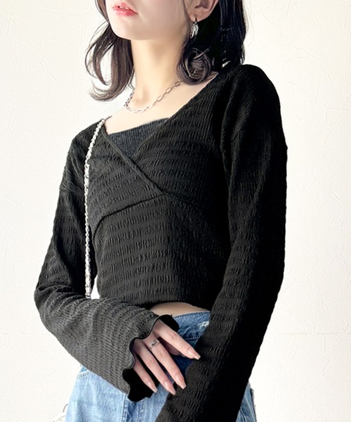 classicalelf(クラシカルエルフ)の「スタイルアップが叶う!リボンカシュクールジャガードカットソー(フレアスリーブ)(Tシャツ/カットソー・レディース・アイボリー/グレイッシュベージュ/ブラック・X-LARGE/SMALL/MEDIUM/LARGE)」の7枚目の写真