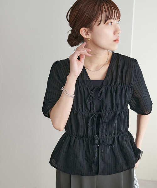 WEB限定】シアーストライプ前リボンブラウス（シャツ/ブラウス