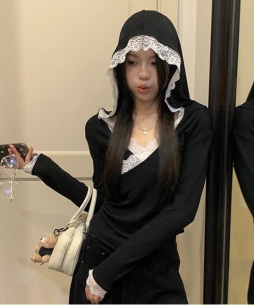 LADY LIKE(レディライク)の「レース付きカシュクールもちもちフーディ(Tシャツ/カットソー・レディース・ホワイト/ブラック/グレー・M)」の7枚目の写真