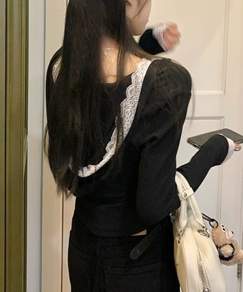 LADY LIKE(レディライク)の「レース付きカシュクールもちもちフーディ(Tシャツ/カットソー・レディース・ホワイト/ブラック/グレー・M)」の6枚目の写真