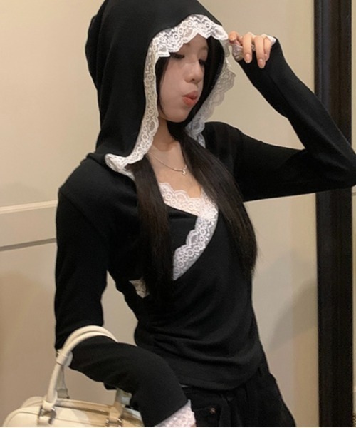 LADY LIKE(レディライク)の「レース付きカシュクールもちもちフーディ(Tシャツ/カットソー・レディース・ホワイト/ブラック/グレー・M)」の8枚目の写真