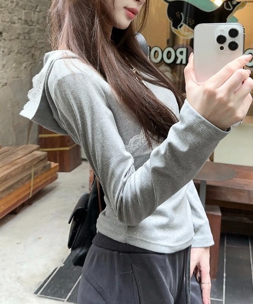 LADY LIKE(レディライク)の「レース付きカシュクールもちもちフーディ(Tシャツ/カットソー・レディース・ホワイト/ブラック/グレー・M)」の11枚目の写真