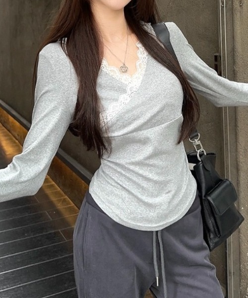 LADY LIKE(レディライク)の「レース付きカシュクールもちもちフーディ(Tシャツ/カットソー・レディース・ホワイト/ブラック/グレー・M)」の15枚目の写真