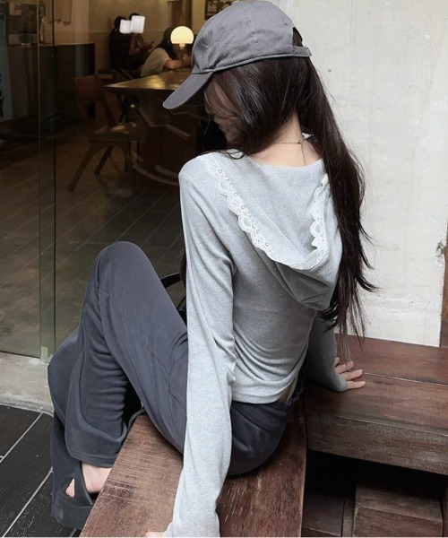 LADY LIKE(レディライク)の「レース付きカシュクールもちもちフーディ(Tシャツ/カットソー・レディース・ホワイト/ブラック/グレー・M)」の10枚目の写真