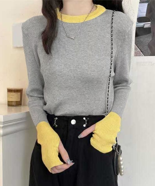 Miniministore(ミニミニストア)の「バイカラーニット 指穴ニットプルオーバー(ニット/セーター・レディース・ダークブルー/ダークベージュ/ホワイト/グレー系1/ブラック/グレー系・FREE)」の3枚目の写真