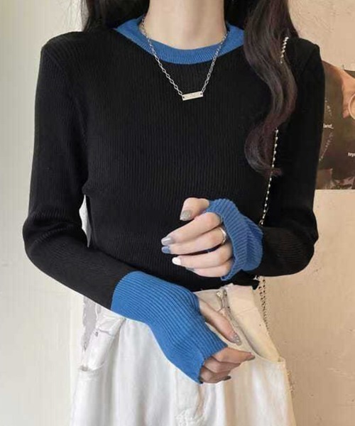 Miniministore(ミニミニストア)の「バイカラーニット 指穴ニットプルオーバー(ニット/セーター・レディース・ダークブルー/ダークベージュ/ホワイト/グレー系1/ブラック/グレー系・FREE)」の7枚目の写真