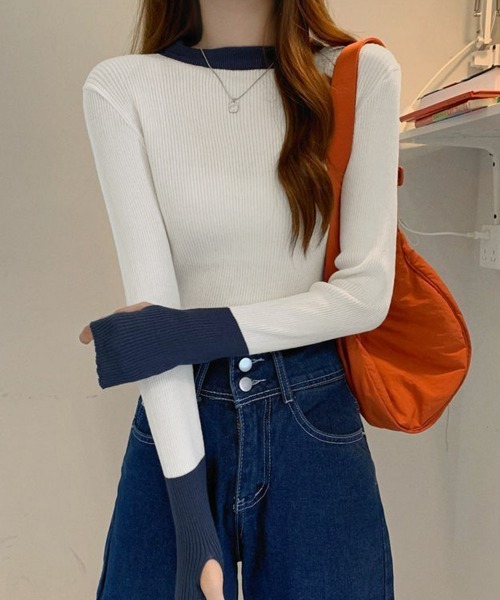 Miniministore(ミニミニストア)の「バイカラーニット 指穴ニットプルオーバー(ニット/セーター・レディース・ダークブルー/ダークベージュ/ホワイト/グレー系1/ブラック/グレー系・FREE)」の11枚目の写真