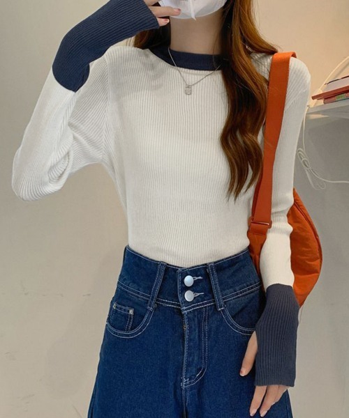 Miniministore(ミニミニストア)の「バイカラーニット 指穴ニットプルオーバー(ニット/セーター・レディース・ダークブルー/ダークベージュ/ホワイト/グレー系1/ブラック/グレー系・FREE)」の12枚目の写真