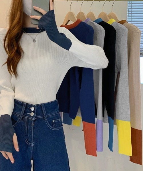 Miniministore(ミニミニストア)の「バイカラーニット 指穴ニットプルオーバー(ニット/セーター・レディース・ダークブルー/ダークベージュ/ホワイト/グレー系1/ブラック/グレー系・FREE)」の13枚目の写真