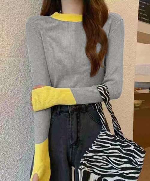 Miniministore(ミニミニストア)の「バイカラーニット 指穴ニットプルオーバー(ニット/セーター・レディース・ダークブルー/ダークベージュ/ホワイト/グレー系1/ブラック/グレー系・FREE)」の14枚目の写真