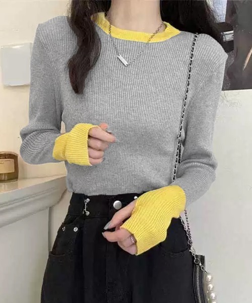 Miniministore(ミニミニストア)の「バイカラーニット 指穴ニットプルオーバー(ニット/セーター・レディース・ダークブルー/ダークベージュ/ホワイト/グレー系1/ブラック/グレー系・FREE)」の16枚目の写真