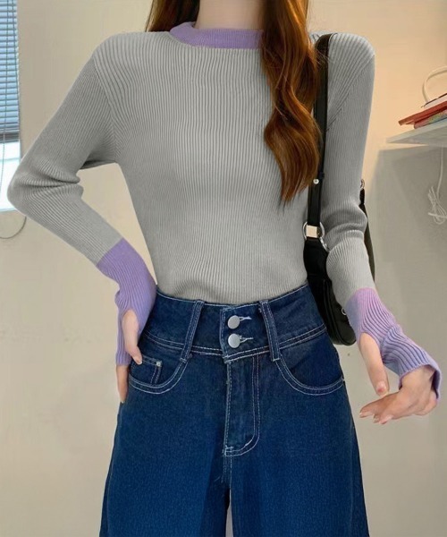 Miniministore(ミニミニストア)の「バイカラーニット 指穴ニットプルオーバー(ニット/セーター・レディース・ダークブルー/ダークベージュ/ホワイト/グレー系1/ブラック/グレー系・FREE)」の18枚目の写真