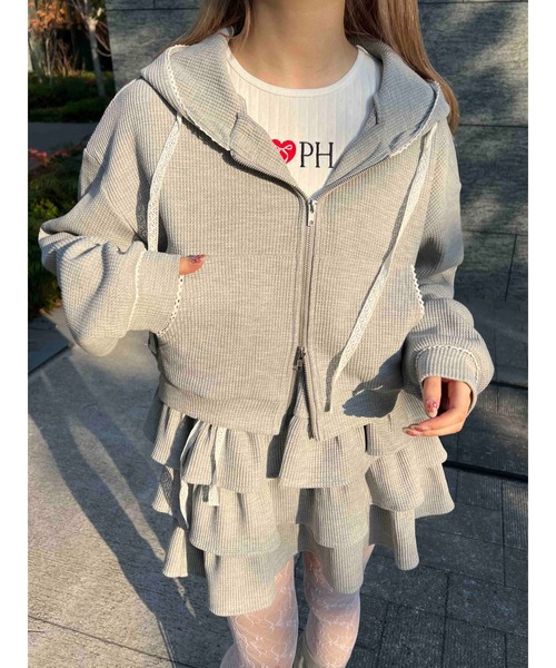 WC（ダブル シー）の「【セットアップ可能◎】ワッフルジップパーカー（パーカー・レディース・グレー/アイボリー/ブラック・FREE）」の3枚目の写真