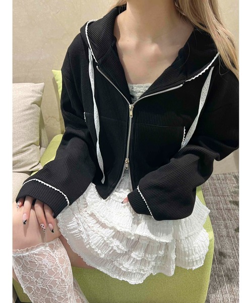 WC（ダブル シー）の「【セットアップ可能◎】ワッフルジップパーカー（パーカー・レディース・グレー/アイボリー/ブラック・FREE）」の2枚目の写真