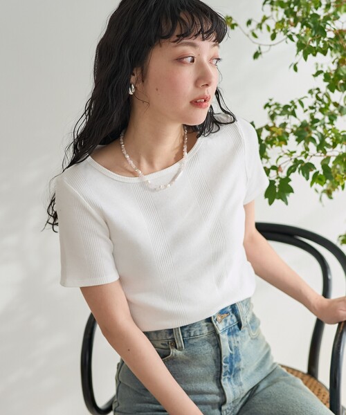 FREAK'S STORE(フリークスストア)の「バレエネック ランダムリブTシャツ(Tシャツ/カットソー・レディース・ブラック/レッド/オフホワイト/サックスブルー・フリ-)」の1枚目の写真