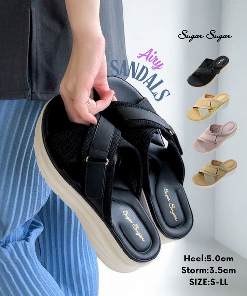 Sugar Sugar(シュガーシュガー)の「クロスベルト エアリー サンダル【SUGARSUGAR シュガーシュガー】厚底 歩きやすい 軽い 夏 ヒールあり(スニーカー・レディース・ベージュ/ピンク/カーキ/ブラック・S/M/L/LL)」の5枚目の写真