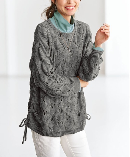 BELLUNA PLUS(ベルーナ)の「透かし編ドロスト使いニットプルオーバー(ニット/セーター・レディース・チャコールグレー/ミント/ピンクベージュ・LARGE/X-LARGE/MEDIUM)」の5枚目の写真