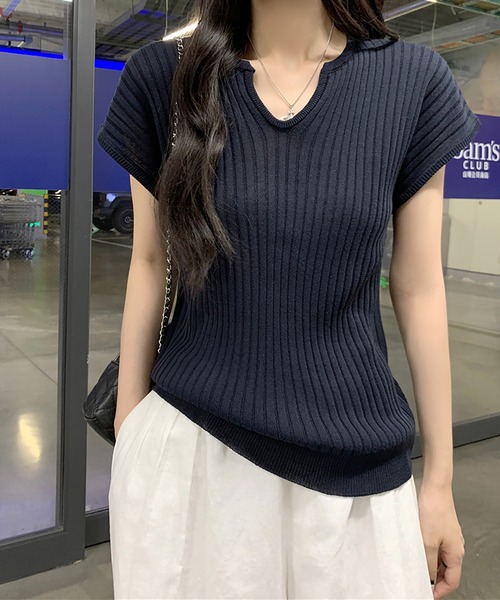 セール】キーネックフレンチスリーブリブニット（ニット