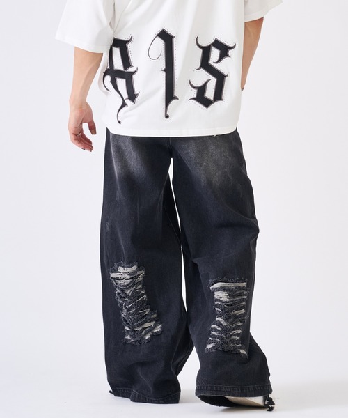 MM:OPTION デストロイ デニムパンツ セール】デストロイデニム ビンテージ加工古着風デニムパンツ