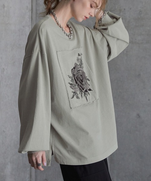 SERACE】Vintage design loose pigment flower embroidery long tee