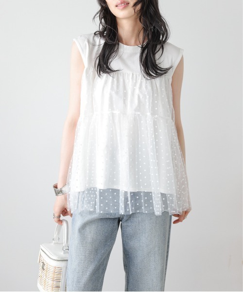 セール】ドットチュールドッキングトップス（Tシャツ/カットソー