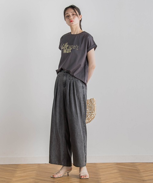 Droite lautreamont（ドロワットロートレアモン）の「バイオシルクパウダー加工ワイドパンツ≪洗濯機で洗える≫（デニムパンツ・レディース・ブラック/ブルー・S/M）」の9枚目の写真