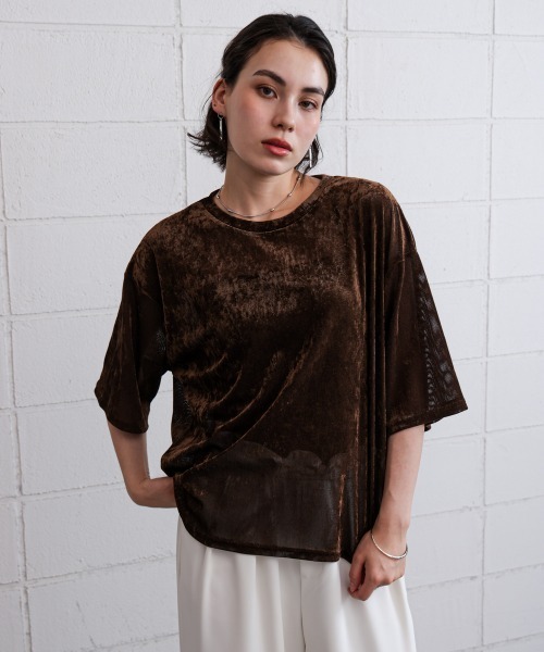 Bou Jeloud(ブージュルード)の「シアーベロア五分袖Tシャツ(Tシャツ/カットソー・レディース・ブラウン/マスタード/オフホワイト/ブラック・38)」の12枚目の写真