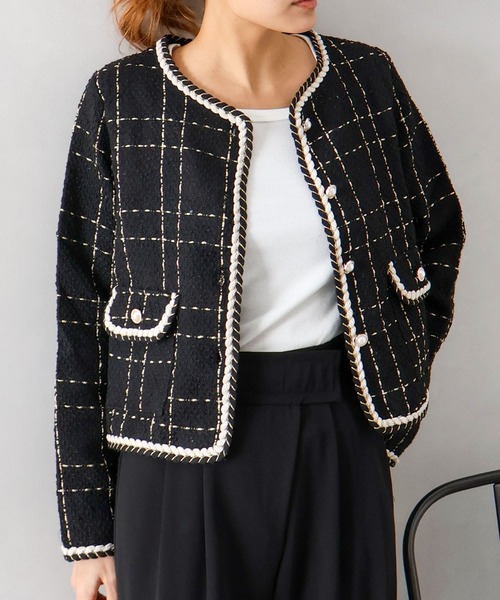 SpRay（スプレイ）の「ラメツイードノーカラージャケット（ノーカラージャケット・レディース・オフホワイト/ネイビー/ブラック・FREE）」の4枚目の写真