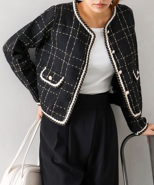 SpRay（スプレイ）の「ラメツイードノーカラージャケット（ノーカラージャケット・レディース・オフホワイト/ネイビー/ブラック・FREE）」の6枚目の写真