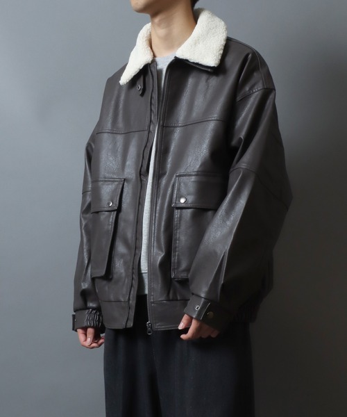 Faux Leather Aviator Jacket with Boa-style Collar/2WAY フェイクレザー 衿ボア G-1タイプジャケット ブルゾン アウター メンズ