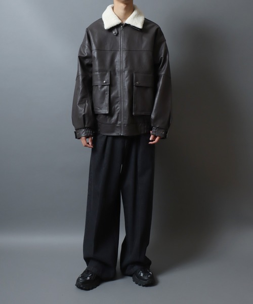 セール】Faux Leather Aviator Jacket with Boa-style Collar/2WAY