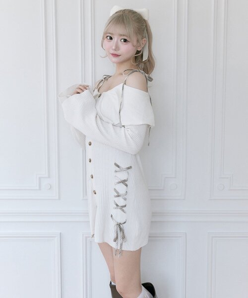 OLIVE des OLIVE(オリーブデオリーブ)の「【Belle Charme】レースアップオフショルニットワンピ(ワンピース・レディース・チャコールグレー/ブラック/オフホワイト・FREE)」の14枚目の写真