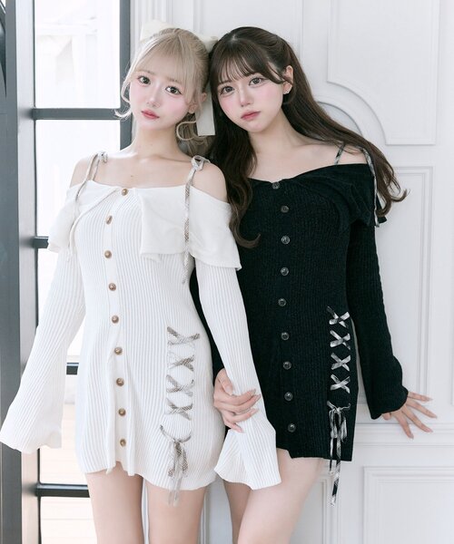 セール】【Belle Charme】レースアップオフショルニットワンピ