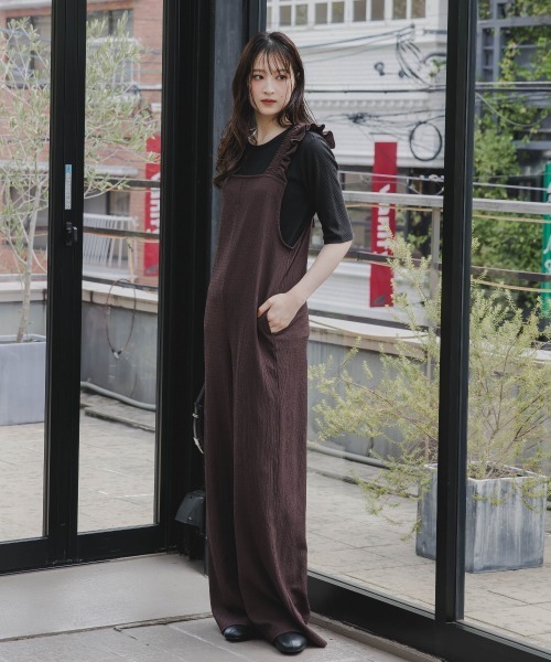 セール】高身長 縦柄カットソーショルダーフリルオールインワン