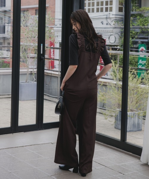 セール】高身長 縦柄カットソーショルダーフリルオールインワン