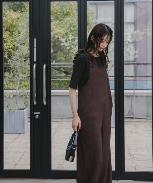 こつぶ　定価¥23,100 オフショルドロストウエストオールインワン春夏 セール】高身長 縦柄カットソーショルダーフリルオールインワン