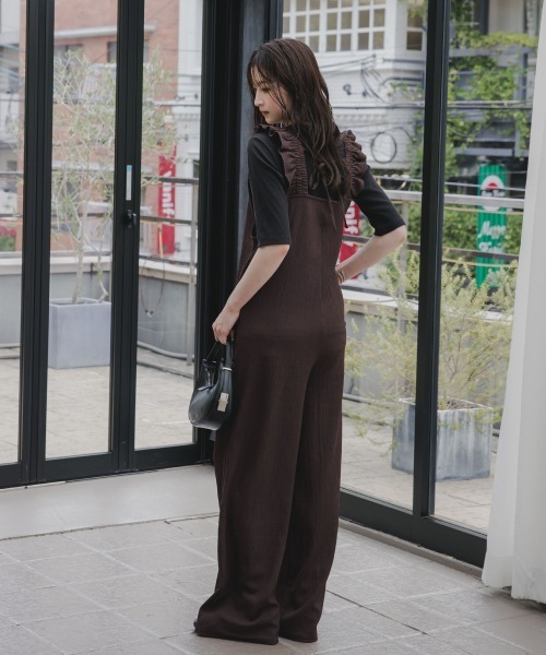 高身長 縦柄カットソーショルダーフリルオールインワン（トールサイズ