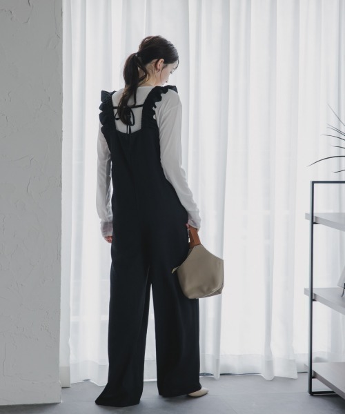 セール】高身長 縦柄カットソーショルダーフリルオールインワン