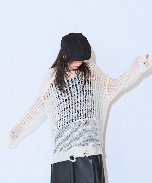 JEANASIS（ジーナシス）の「ノットMIXキリカエメッシュプルオーバー/600239（ニット/セーター・レディース・ブラック/オフホワイト/ライトベージュ・FREE）」の3枚目の写真