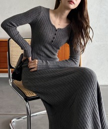 Eclat one（エクラワン）の「【Eclat one】ラウンドネック スリム リブニットワンピ（ワンピース）」