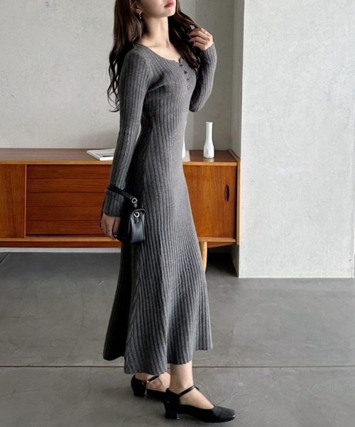 セール】【Eclat one】ラウンドネック スリム リブニットワンピ