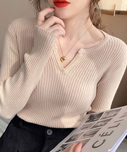 SallyLunn(サリーラン)の「キーネックリブニット(ニット/セーター・レディース・ホワイト/ベージュ/グレー/ブラック・FREE)」の8枚目の写真