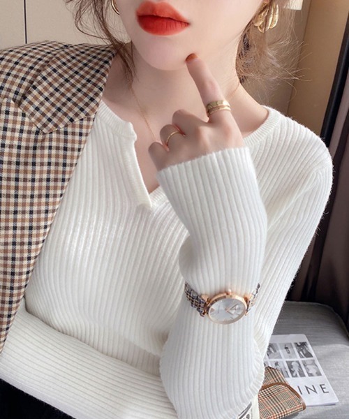 SallyLunn(サリーラン)の「キーネックリブニット(ニット/セーター・レディース・ホワイト/ベージュ/グレー/ブラック・FREE)」の13枚目の写真
