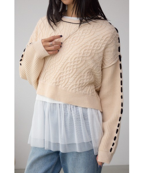 AZUL by moussy(アズールバイマウジー)の「ステッチデザインケーブルニット(ニット/セーター・レディース・アイボリー/ブラック/杢グレー/ダークブルー・SMALL/MEDIUM)」の1枚目の写真